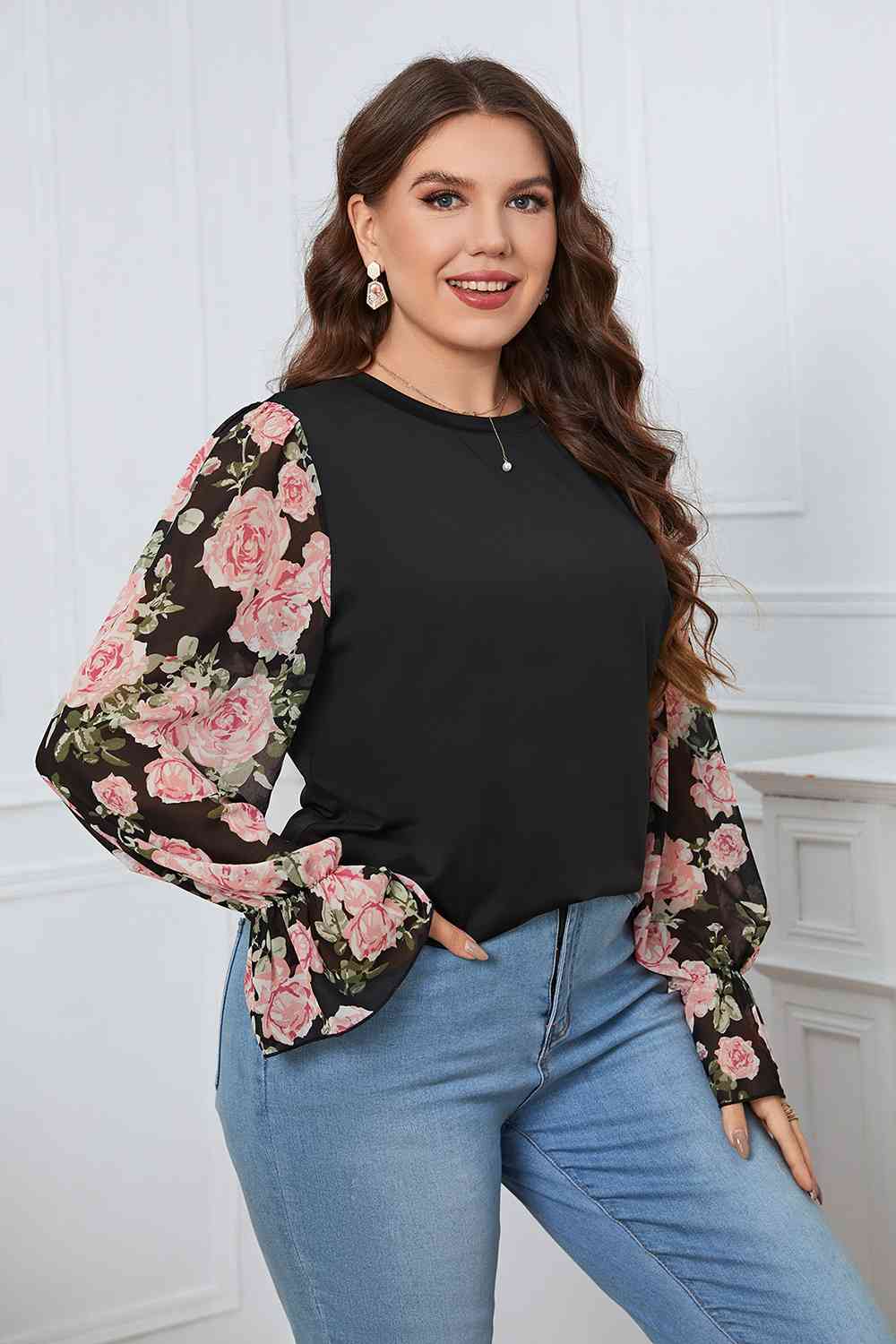 Plus Size Floral Flounce Sleeve Blouse-